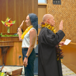Chief Justice Vladimir P. Devens administers the oath of office to District Court Judge Andrew Michael Kennedy (left) and Circuit Court Judge Annalisa M. Bernard Lee (right).
