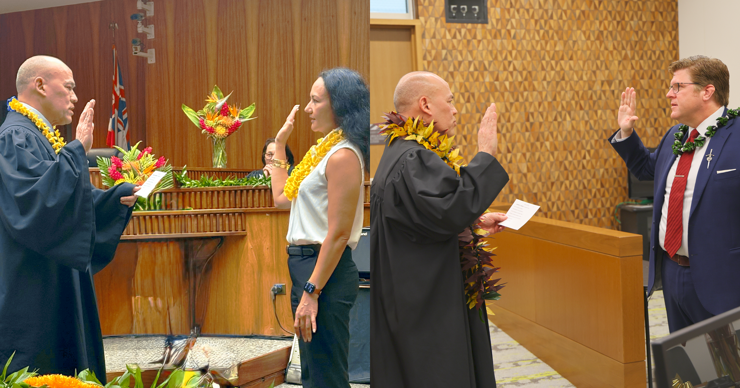 Chief Justice Vladimir P. Devens administers the oath of office to Circuit Court Judge Annalisa M. Bernard Lee (left) and District Court Judge Andrew Michael Kennedy (right).