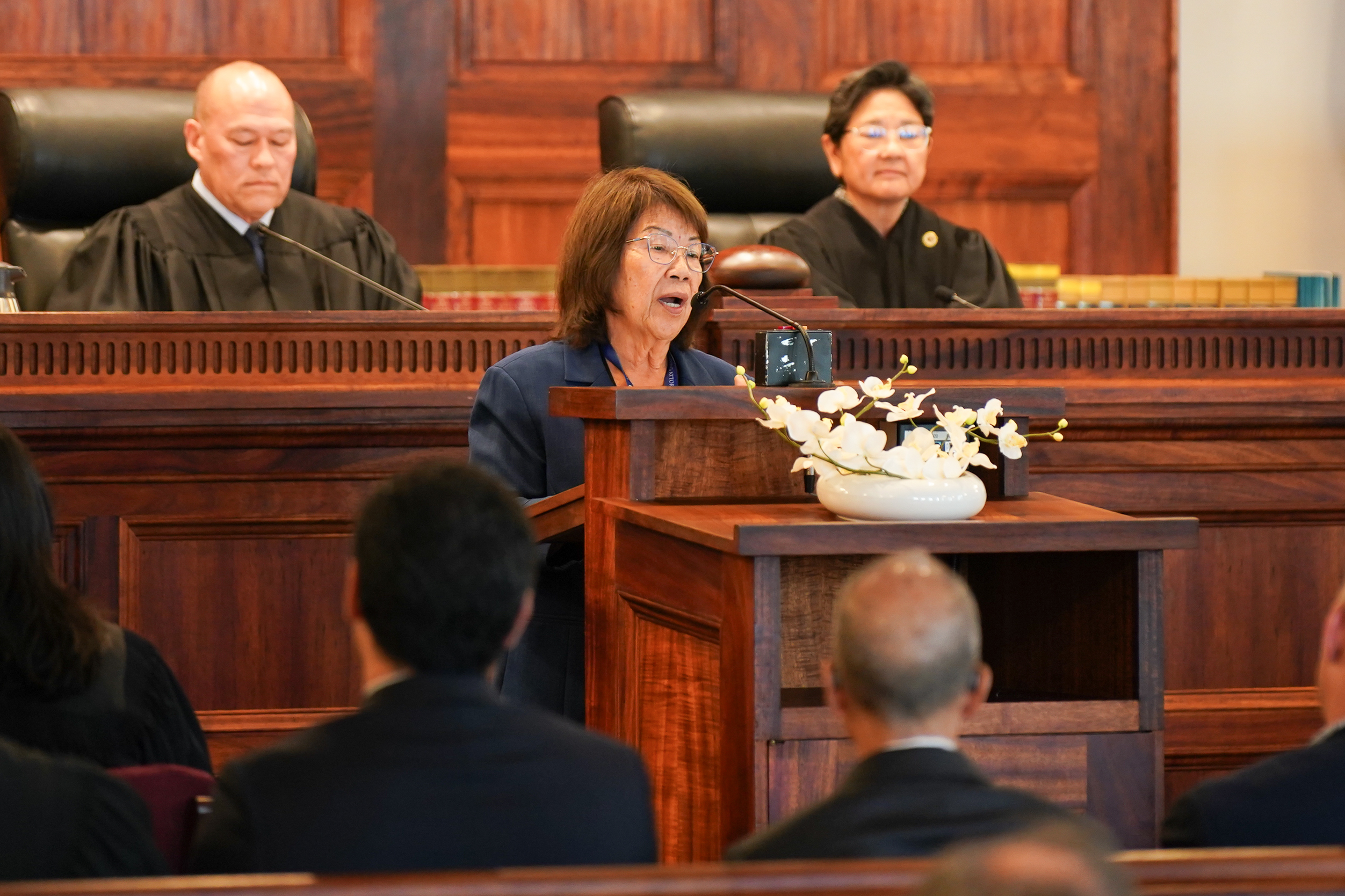 Florence Nakakuni, chair of the Judicial Selection Commission, addresses the audience during the swearing-in ceremony.