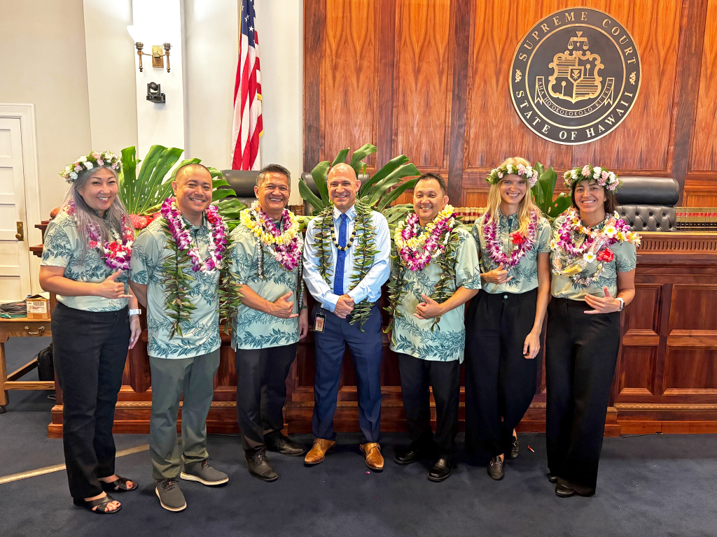 (Left to right) Juvenile Drug Court Probation Officer Lisa Ogata, Christopher Soria, Administrator Joel Tamaya, Judge Brian Costa, Supervisor Derek Sumida, Probation Officer Jana Leyh and Sabrina Rodriguez.
