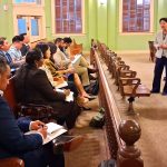 Associate Justices Sabrina S. McKenna and Lisa M. Ginoza answer questions from IVLP delegates during their visit to the 1913 Courtroom in the Supreme Court building.