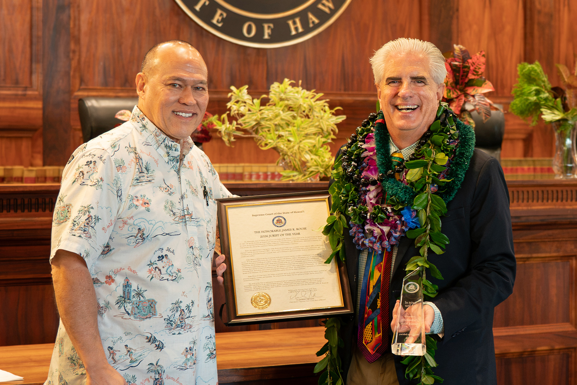 Second Circuit (Maui) District Family Court Judge James Rouse was presented with the 2026 Jurist of the Year Award by Chief Justice Vladimir P. Devens at the Judiciary’s Statewide Employee Awards Ceremony in the Hawaiʻi Supreme Court courtroom on Oct. 9, 2026.
