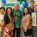 Chief Justice Vladimir P. Devens (center) joined Law Library staff at the Hawaiʻi Supreme Court Law Library's 175th anniversary celebration on October 21, 2026. Pictured from left: Marlene Cuenco, Zhenya Zhang, Jenny Foster, Chief Justice Devens, Joely Alt, Michael Davis, Maxine Surla, and Mark Skrimstad.